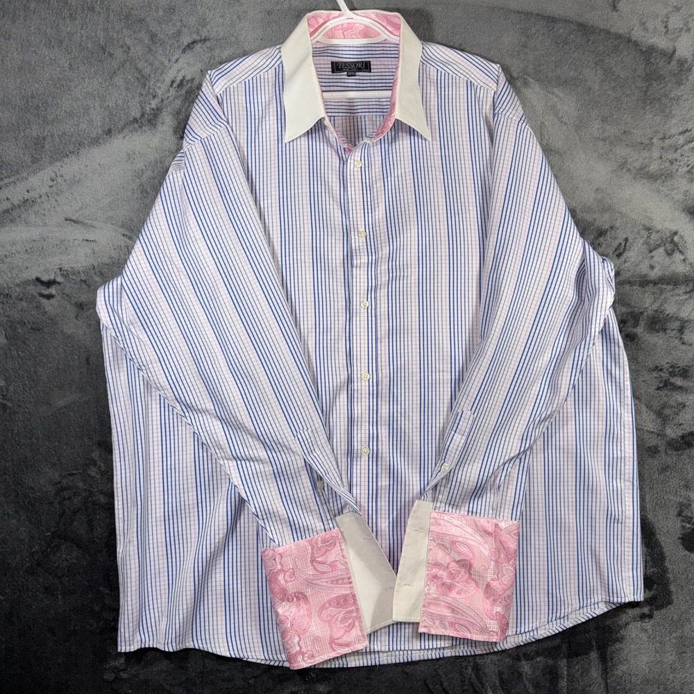 Tessori Milan Italy Mens XXXL Striped Dress Shirt Pink Paisley French Cuffs Blue